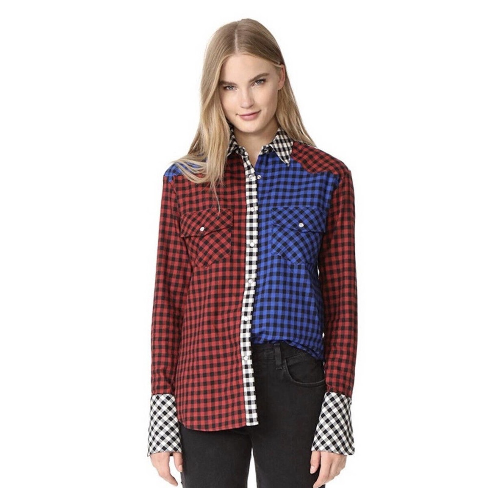 NWT! Petersyn x Revolve •S• Carnaby Tartan Plaid Red White Blue Shirt Pearl Snap